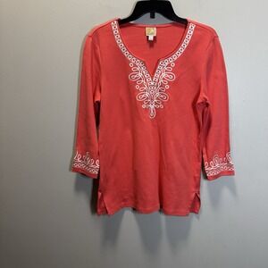 JM Collection Top Women's Size Small Orange/White Embroidery Faux Studs